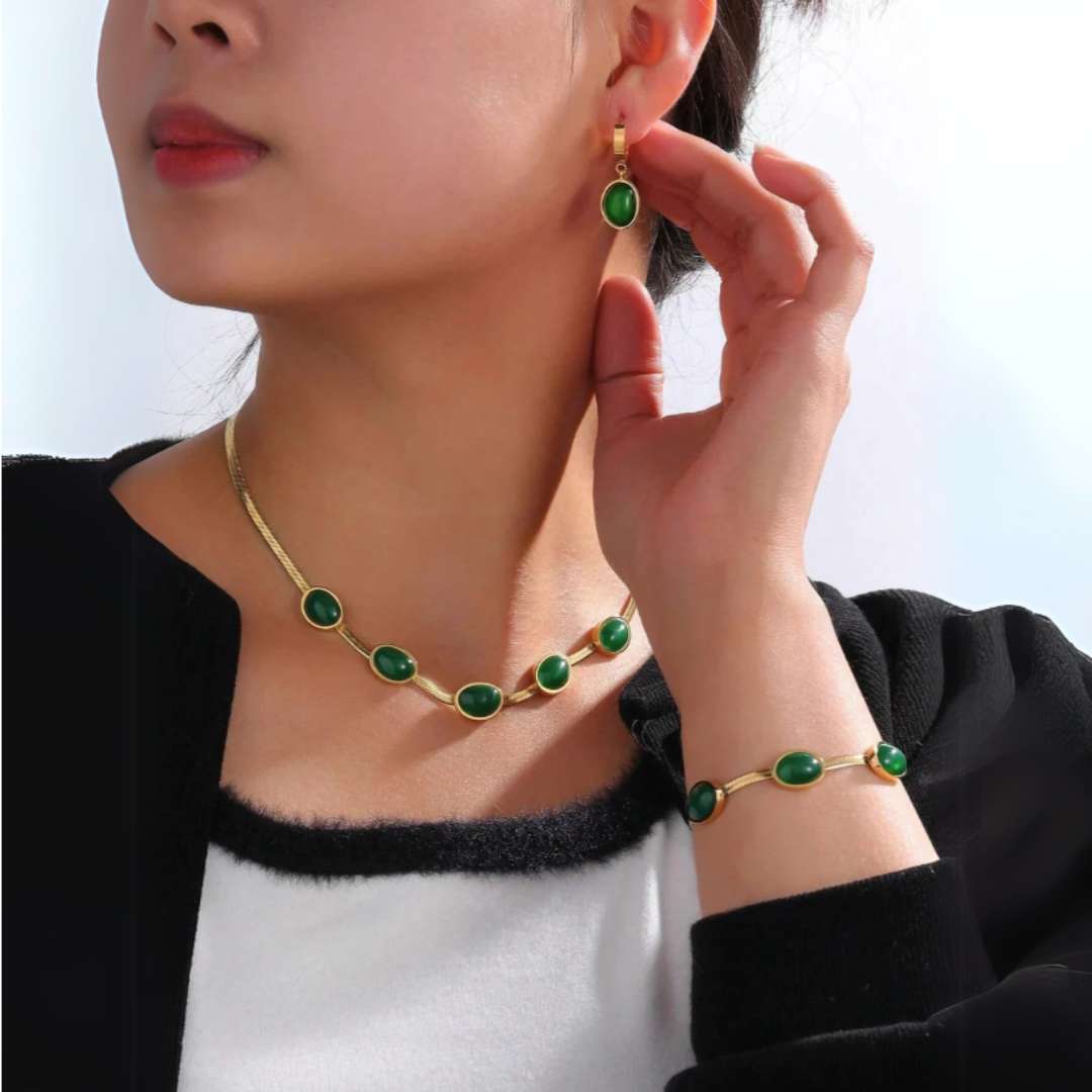 Oval Green Crystal Pendant Necklace Set